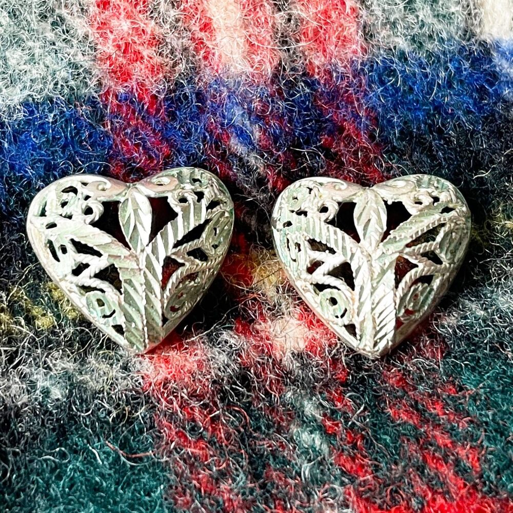 Vintage Sterling Silver Heart Filigree Earrings Leaf Motif Pierced Boho